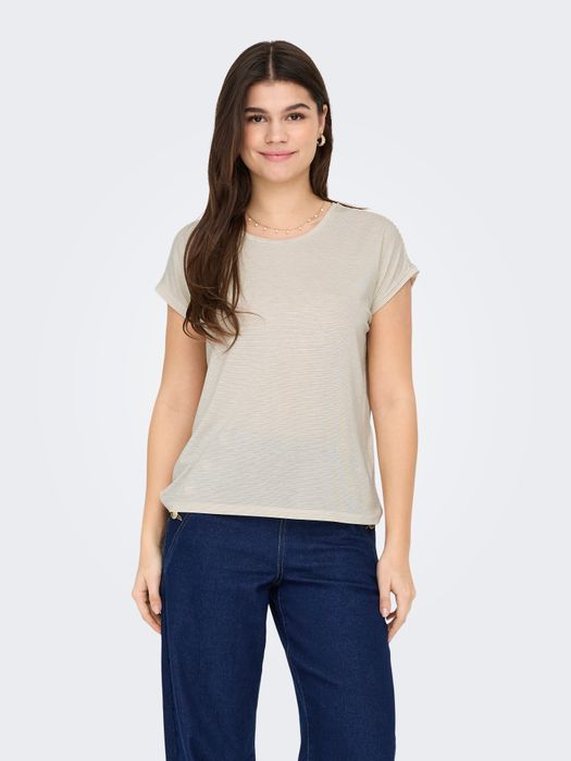Modisches T-Shirt mit Glitzer Naht Rundhals, Farbe: Beige
