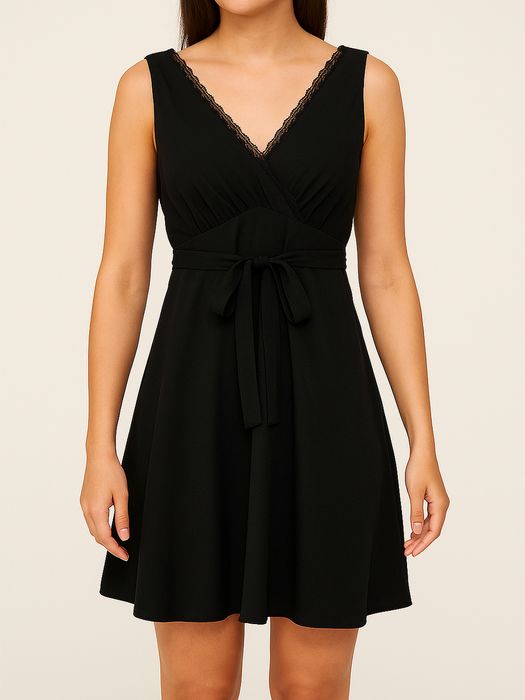 Elegantes Kleid mit V-Ausschnitt und Spitzenbesatz, Farbe: Schwarz