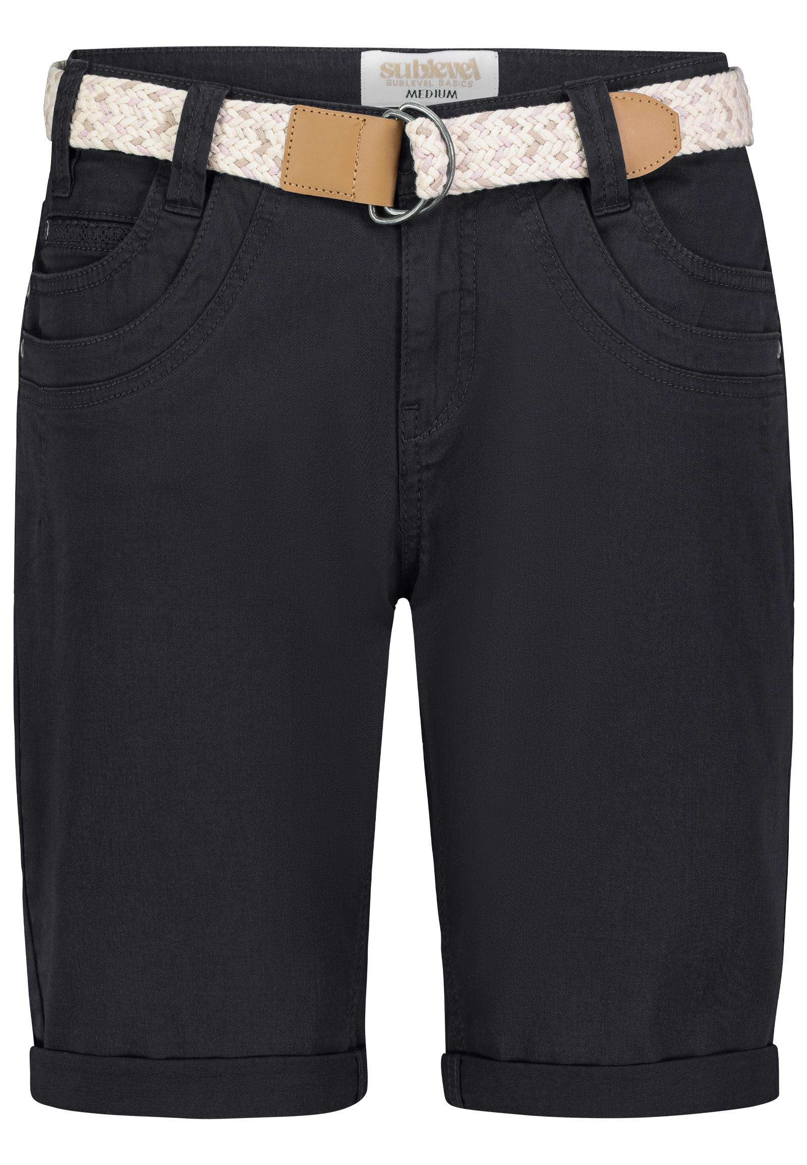 Stretch Twill Bermuda Shorts mit Gürtel und Spitze Stretch Twill Bermuda Shorts mit Gürtel und Spitze
