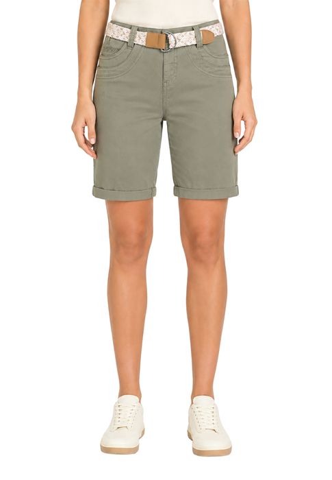 Stretch Twill Bermuda Shorts mit Gürtel und Spitze, Farbe: Grün-2