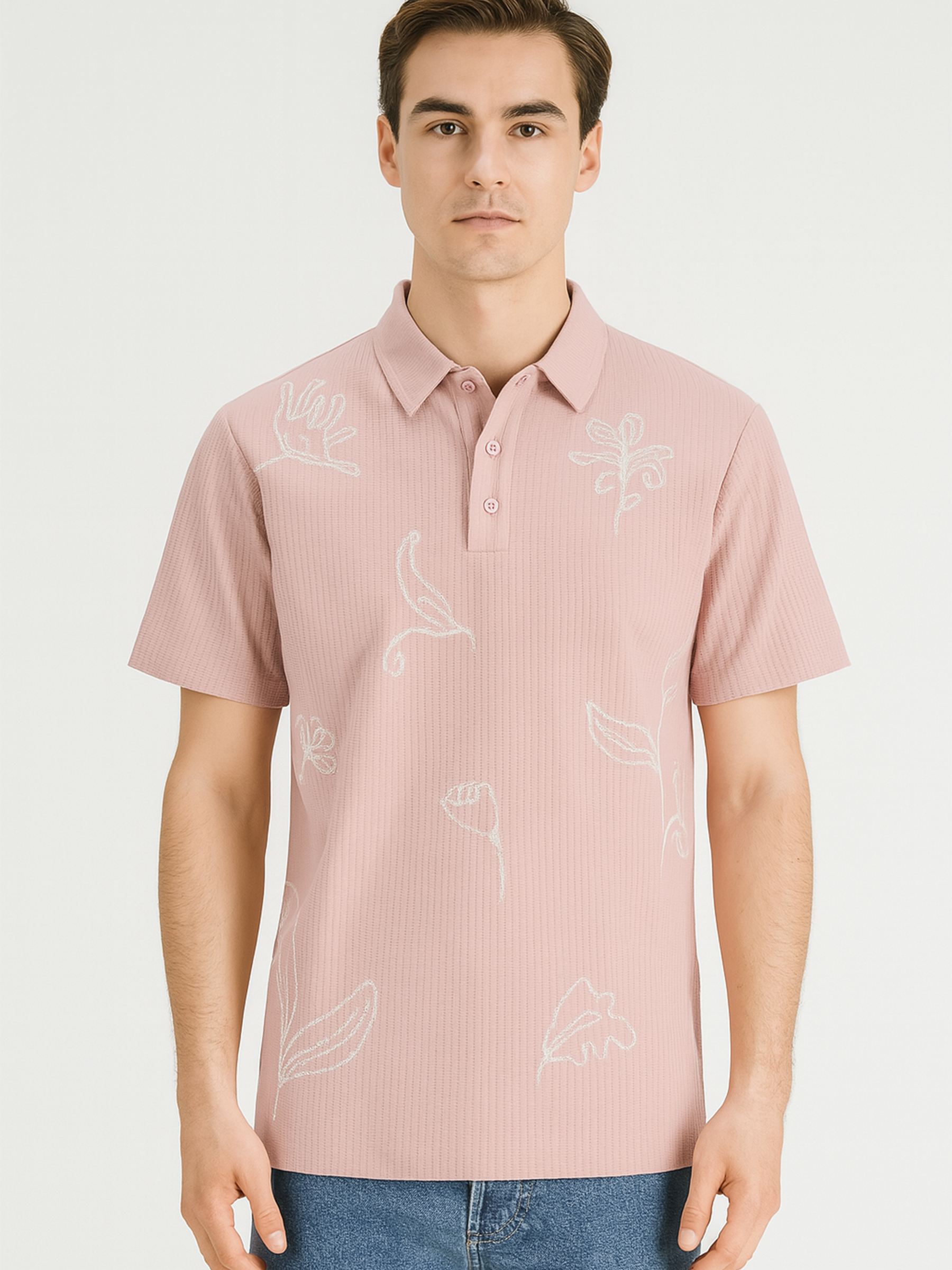 Feinstrick Poloshirt mit Botanik-Stickerei Kurzarm Feinstrick Poloshirt mit Botanik-Stickerei Kurzarm