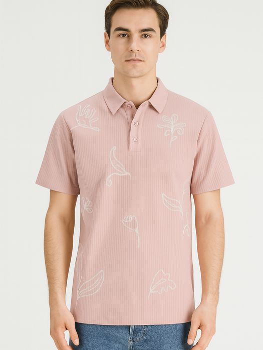 JACK & JONES Feinstrick Poloshirt mit Botanik-Stickerei Kurzarm, Farbe: Rosa