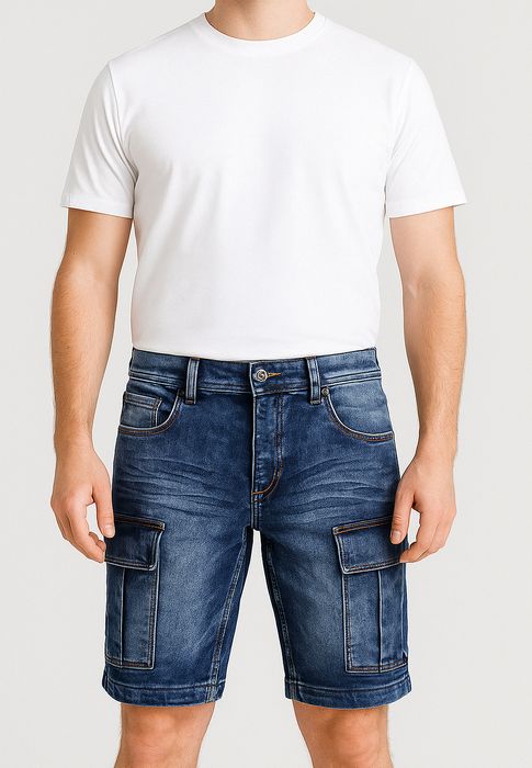 EGOMAXX Stretch Denim Cargo Bermuda mit Knopfleiste für Herren, Farbe: Dunkelblau