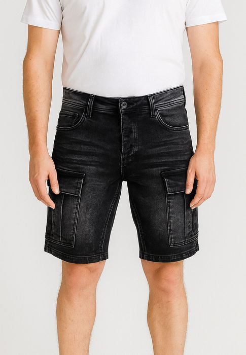 EGOMAXX Stretch Denim Cargo Bermuda mit Knopfleiste für Herren, Farbe: Schwarz