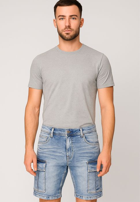 EGOMAXX Stretch Denim Cargo Bermuda mit Knopfleiste für Herren, Farbe: Hellblau