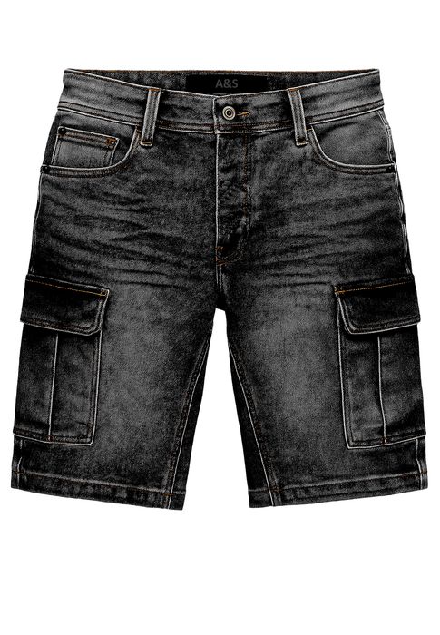 EGOMAXX Stretch Denim Cargo Bermuda mit Knopfleiste für Herren, Farbe: Schwarz