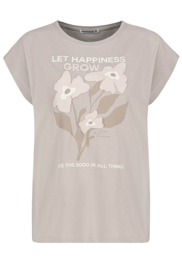 Fresh Made T-Shirt mit Blumenmotiv und inspirierendem Text – Beige, Bild 1