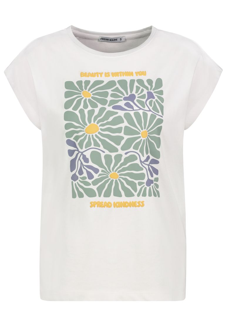 Fresh Made T-Shirt mit Blumenmotiv und inspirierendem Text – Weiß, Bild 1