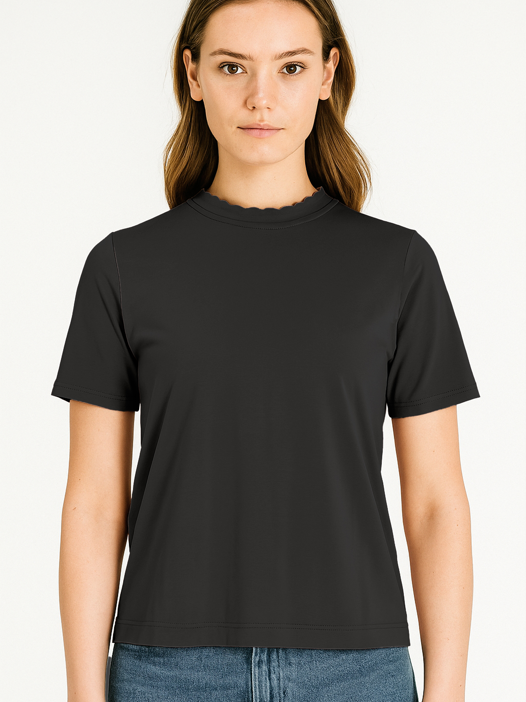 Basic Kurzarm-T-Shirt mit Rundhals Wellensaum Basic Kurzarm-T-Shirt mit Rundhals Wellensaum