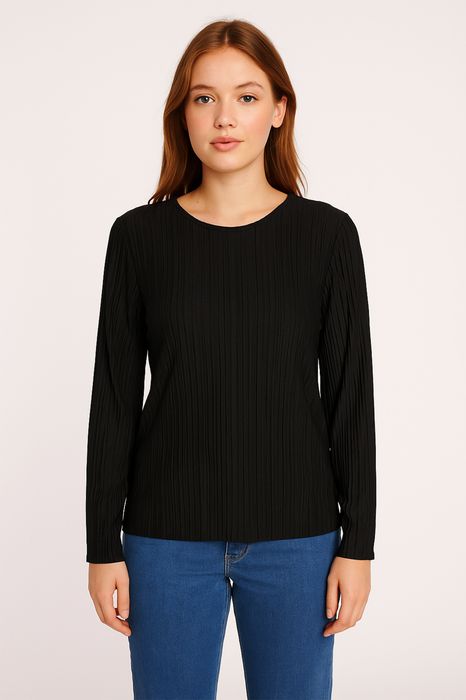 Strukturiertes Langarmshirt mit Rundhalsausschnitt, Farbe: Schwarz
