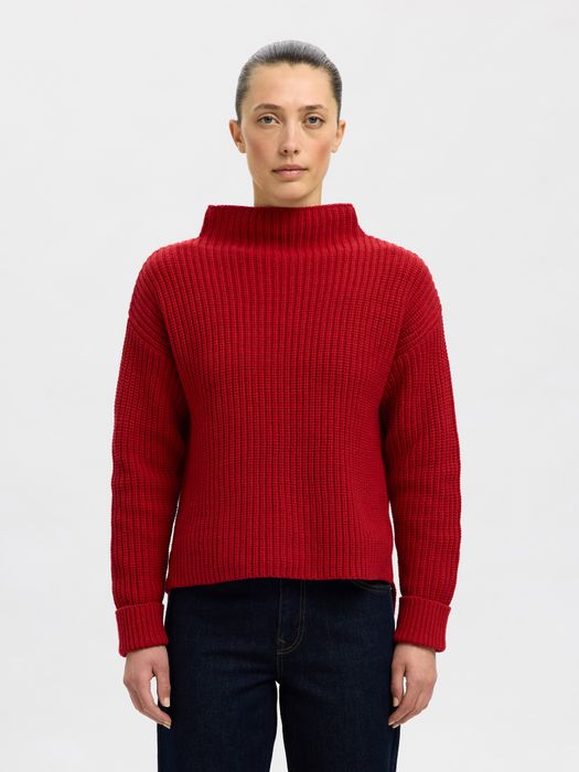 SELECTED FEMME Pullover mit Stehkragen und Rippstruktur, Farbe: Rot