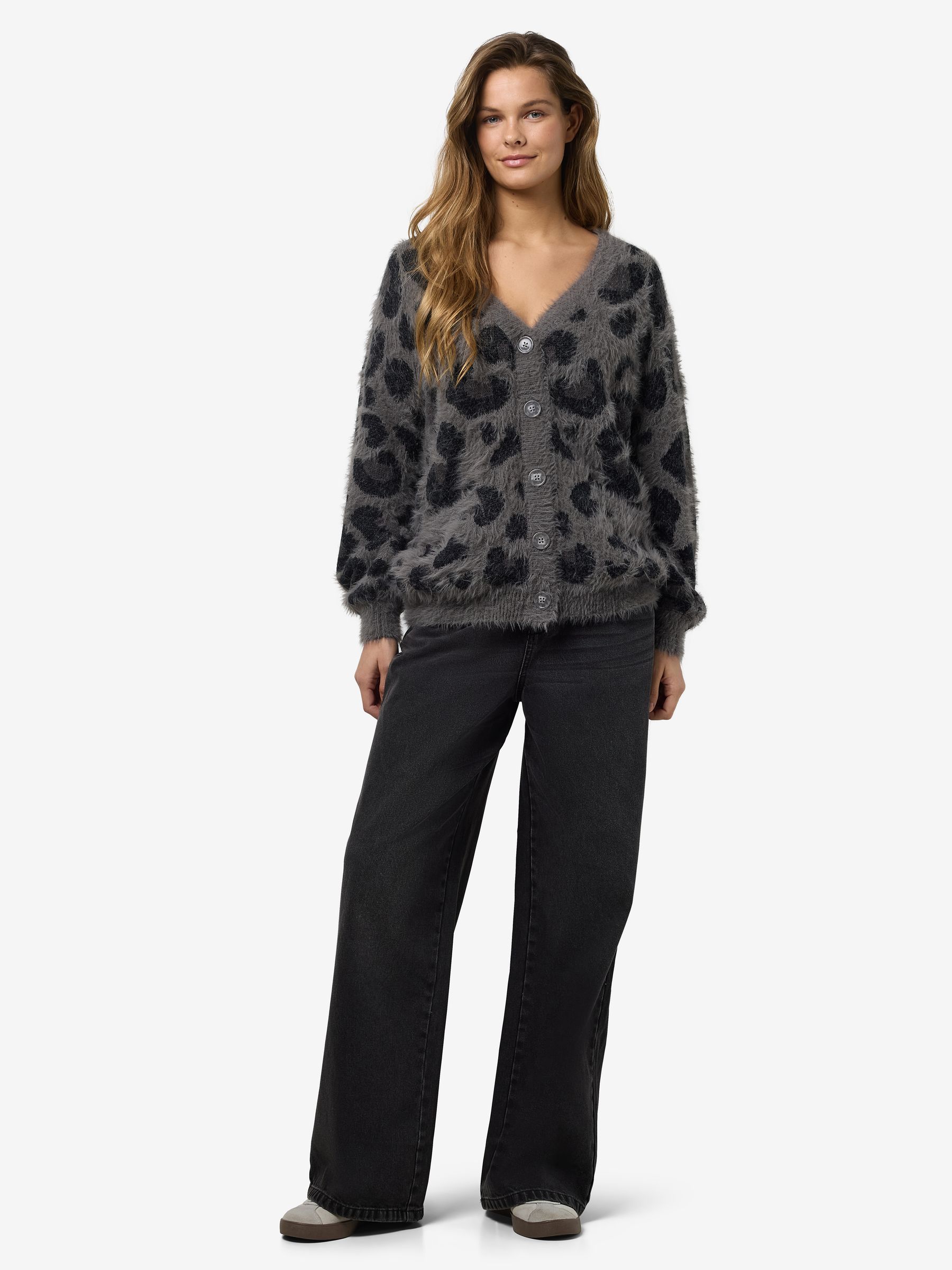 Noisy May Modische Strickjacke mit Animal-Muster und Knöpfen – Grau-Schwarz, Bild 2