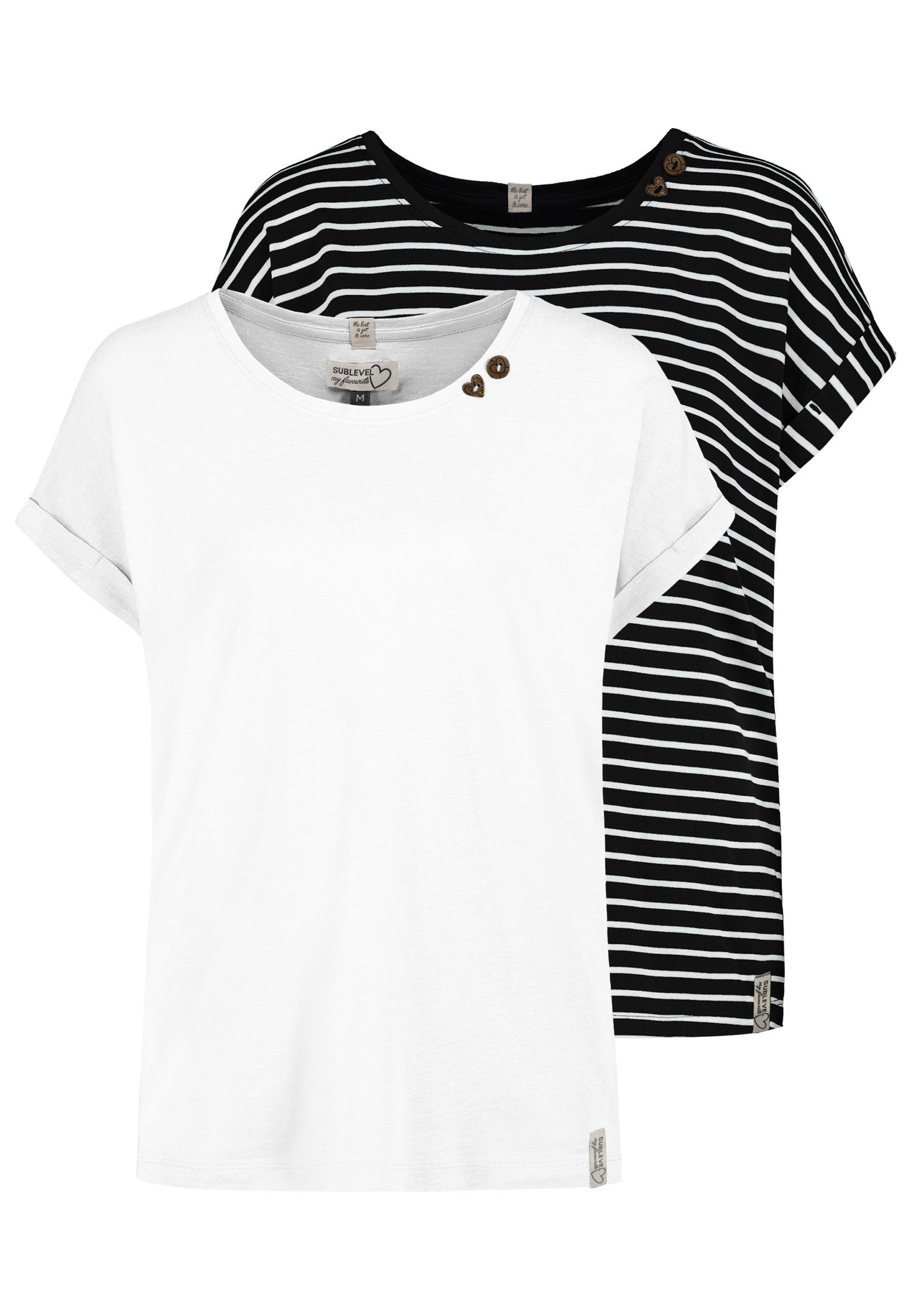 Sublevel Design T-Shirts 2er-Pack Knopfdetails Umschlagärmel – Weiß-Schwarz, Bild 1