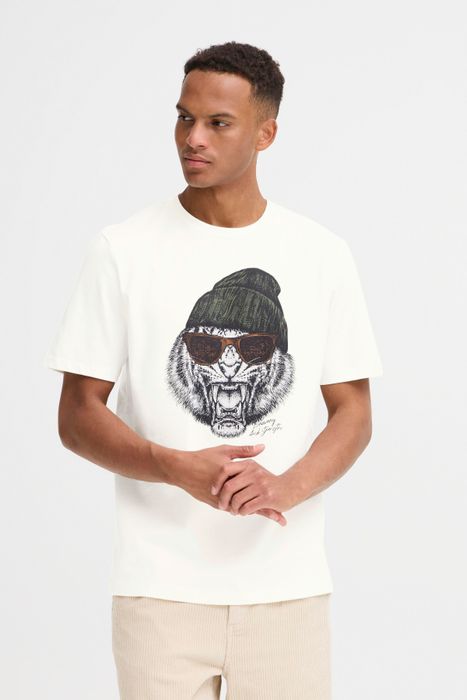 BLEND Kurzarmshirt mit rundem Ausschnitt und abstraktem Muster, Farbe: Weiß-2