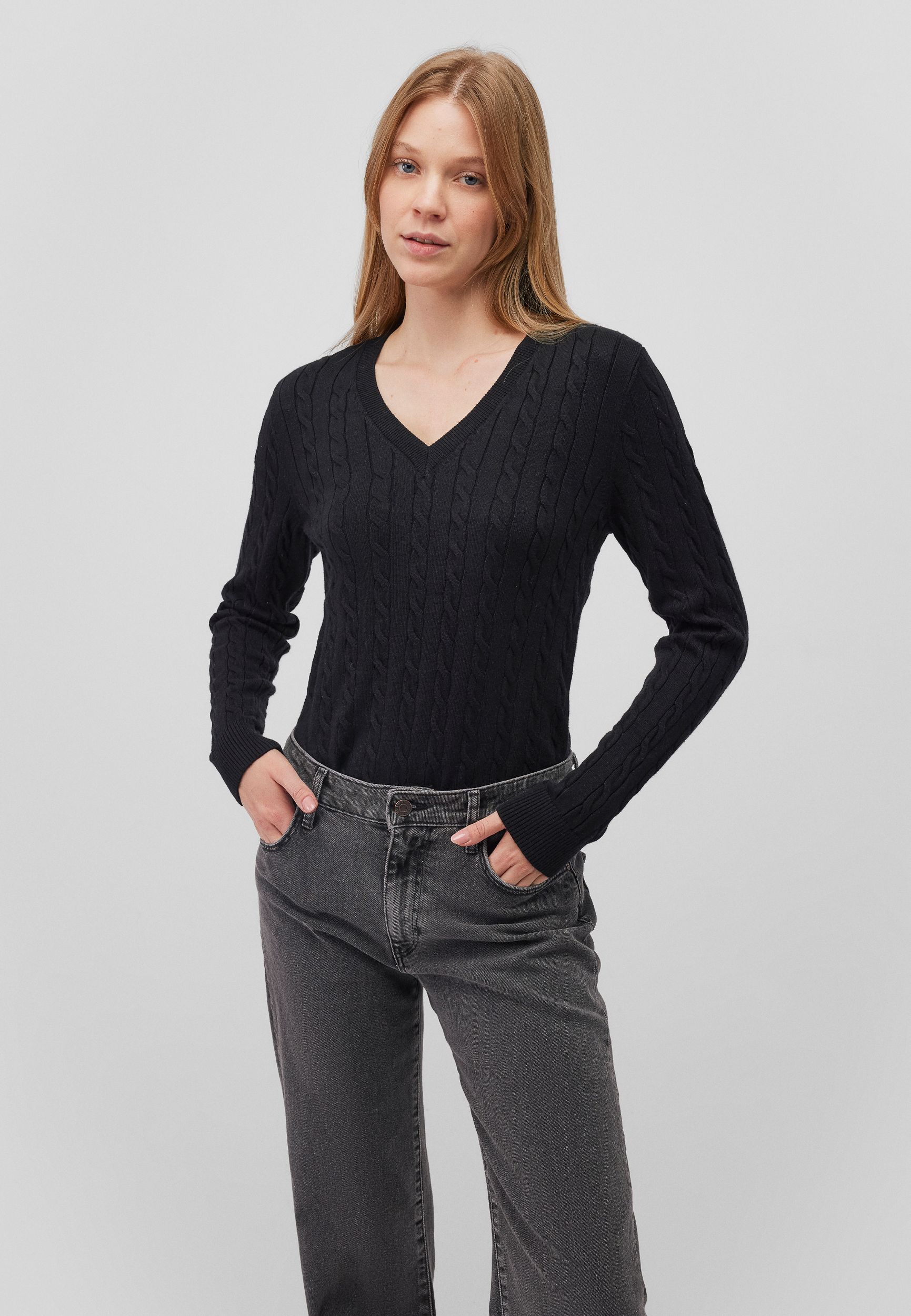 M1710340_900.jpg Klassischer Zopfmuster Strickpullover mit V-Ausschnitt