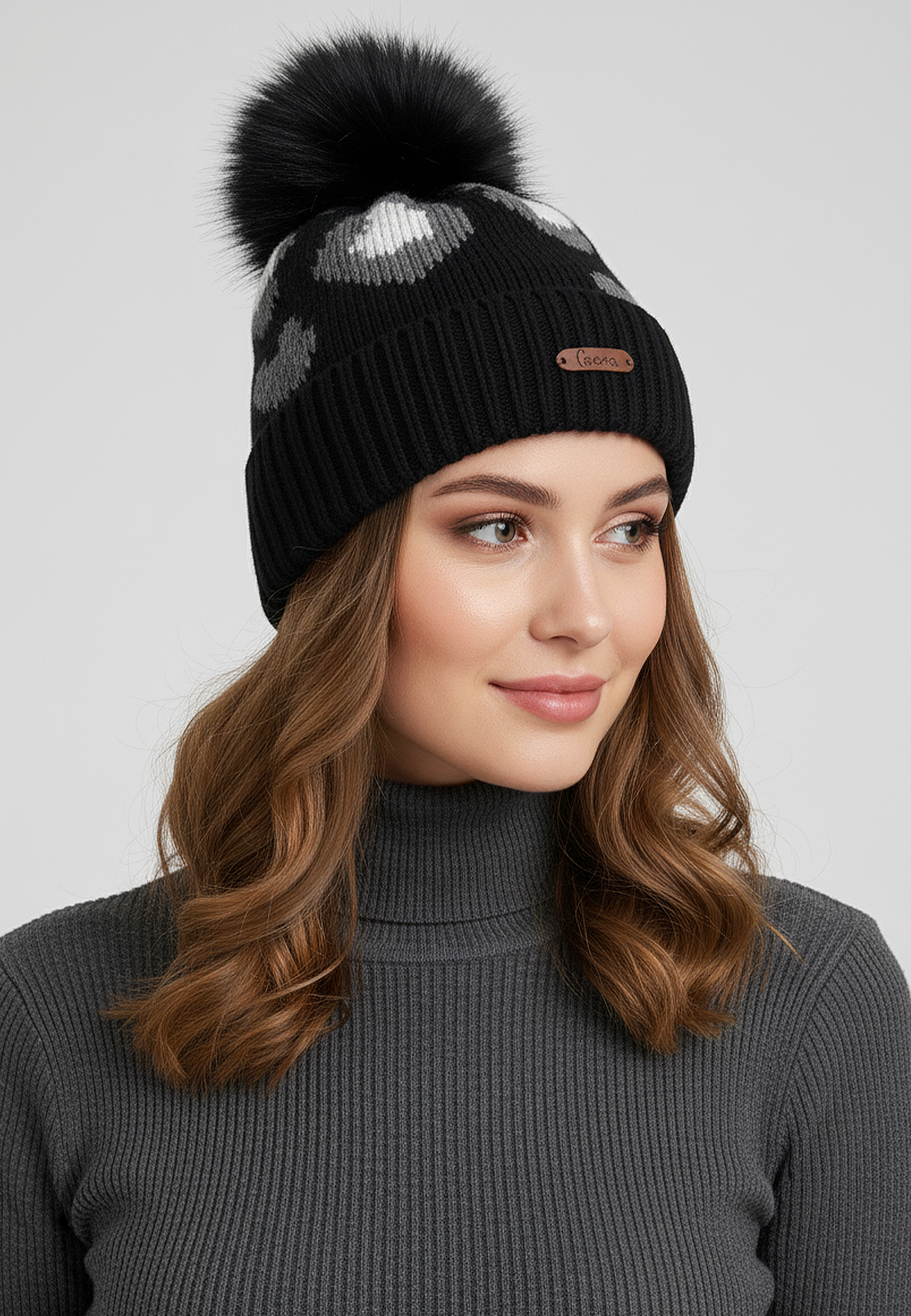 Faera Faera Modische Strickmütze mit Bommel für kalte Tage – Schwarz, Bild 2