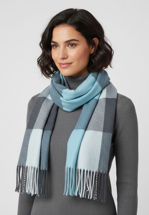 Eleganter Kaschmir-Schal mit Fransen und geometrischem Muster Weich Modisch, Farbe: Hellblau
