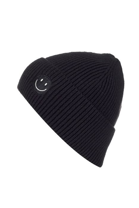 Faera Strickmütze mit Smiley-Stickerei, Farbe: Schwarz