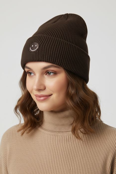Faera Strickmütze mit Smiley-Stickerei – Dunkelbraun, Bild 3