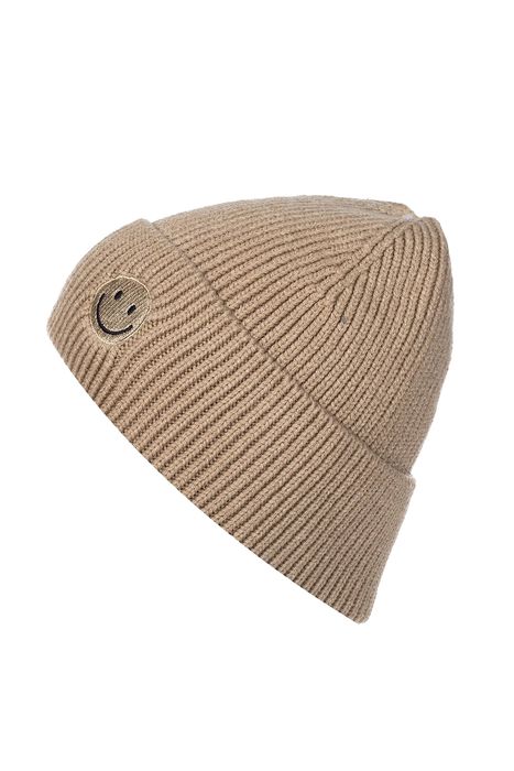 Faera Strickmütze mit Smiley-Stickerei, Farbe: Braun