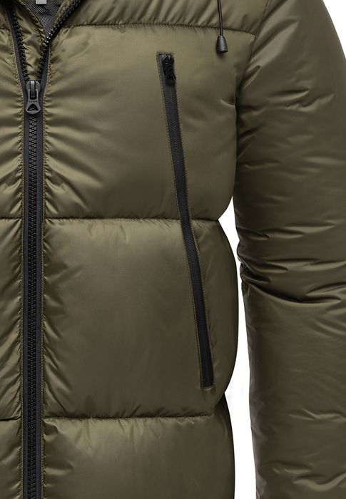 Winterjacke mit Kapuze glänzend Fleecekragen und Reißverschlusstaschen, Farbe: Olive