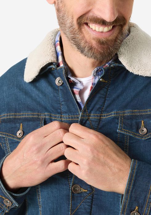 Timezone Lässige Jeansjacke mit Knopfleiste und Teddykragen, Farbe: Dunkelblau