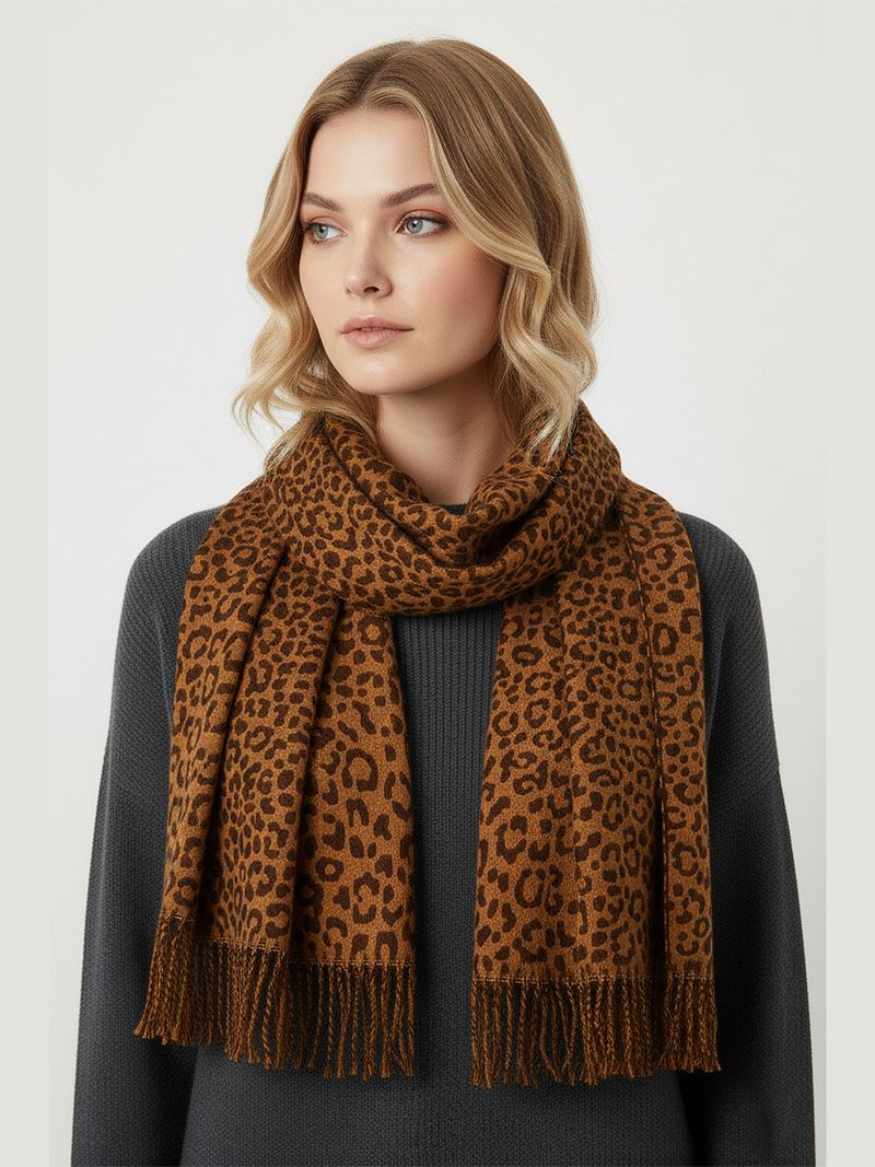 Faera Schal mit Leopardenmuster Fransen weich und angenehm – Braun, Bild 2