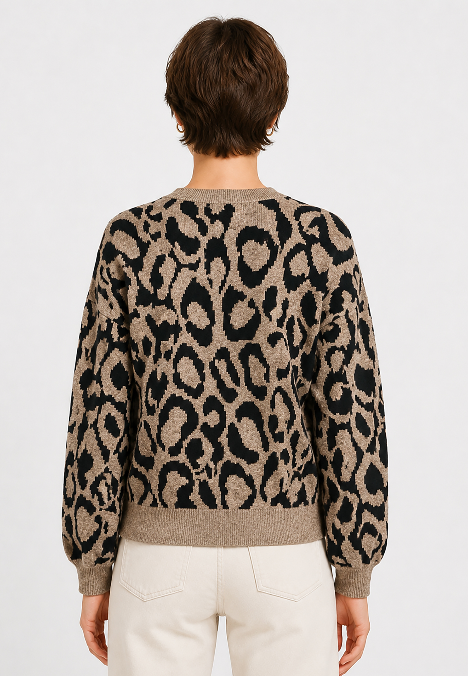 Leopardenmuster Strickpullover Rundhalsausschnitt Leopardenmuster Strickpullover Rundhalsausschnitt