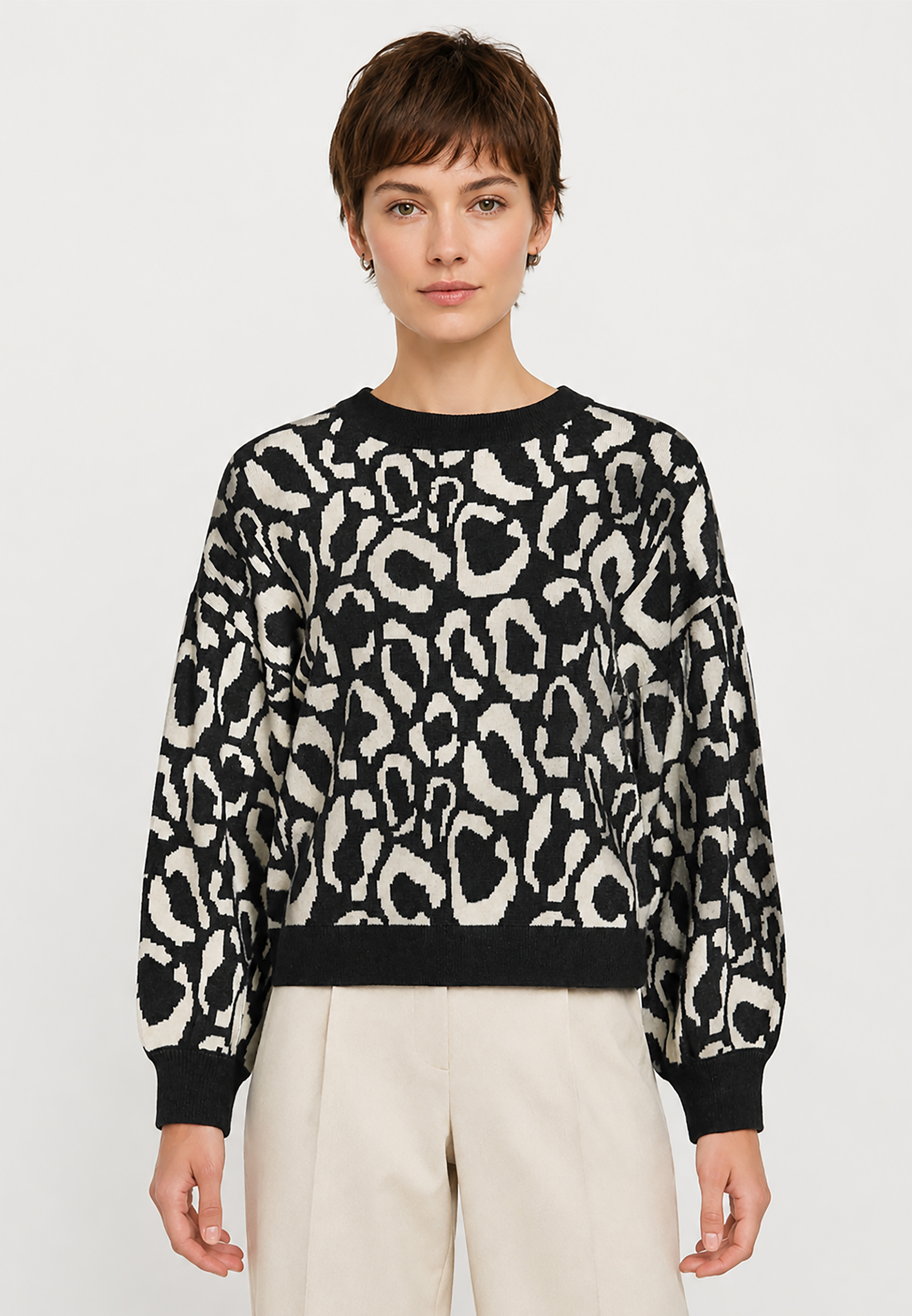 Leopardenmuster Strickpullover Rundhalsausschnitt Leopardenmuster Strickpullover Rundhalsausschnitt