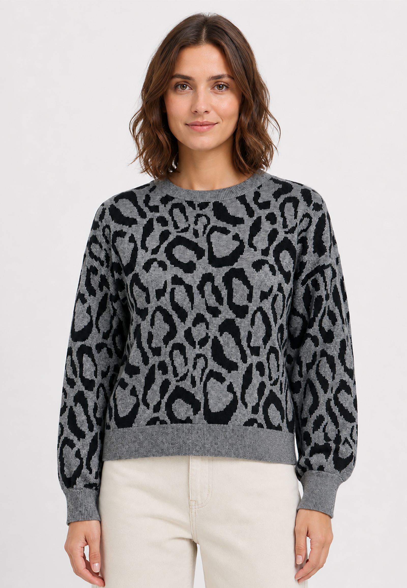 Leopardenmuster Strickpullover Rundhalsausschnitt Leopardenmuster Strickpullover Rundhalsausschnitt