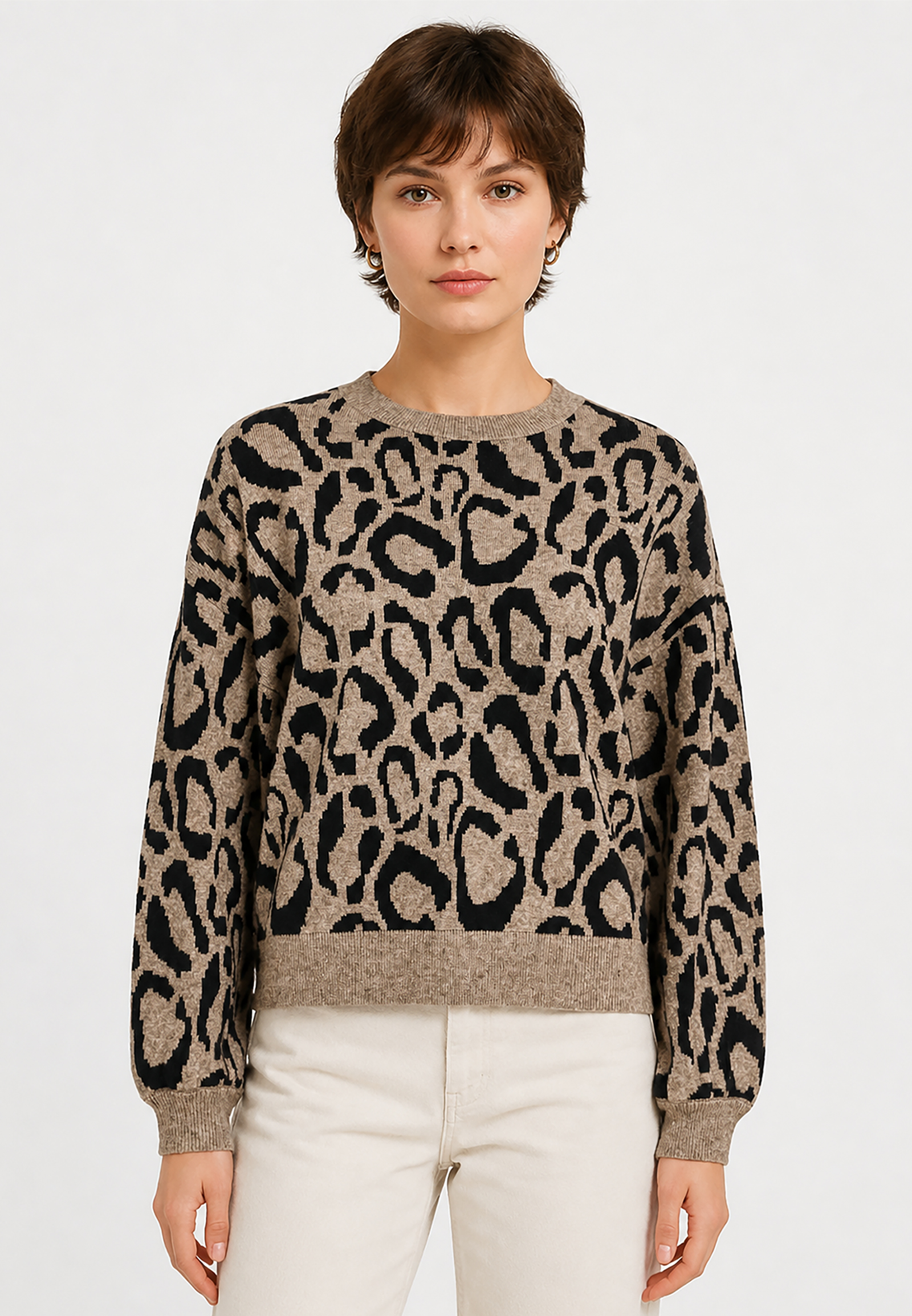 Leopardenmuster Strickpullover Rundhalsausschnitt Leopardenmuster Strickpullover Rundhalsausschnitt
