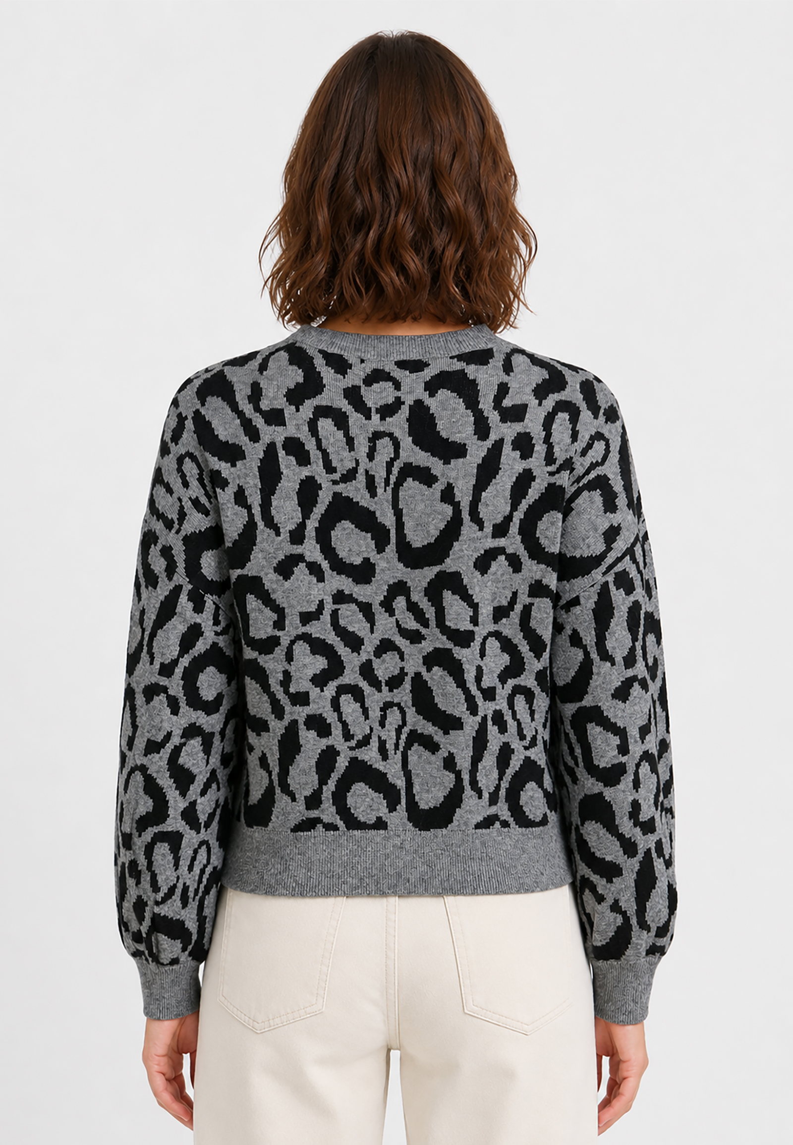 Leopardenmuster Strickpullover Rundhalsausschnitt Leopardenmuster Strickpullover Rundhalsausschnitt