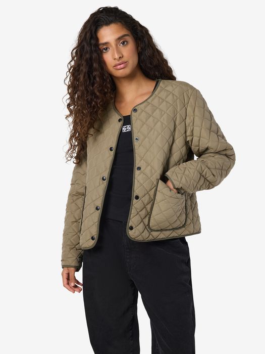 NOISY MAY Leichte Steppjacke kariert mit Druckknöpfen, Farbe: Olive