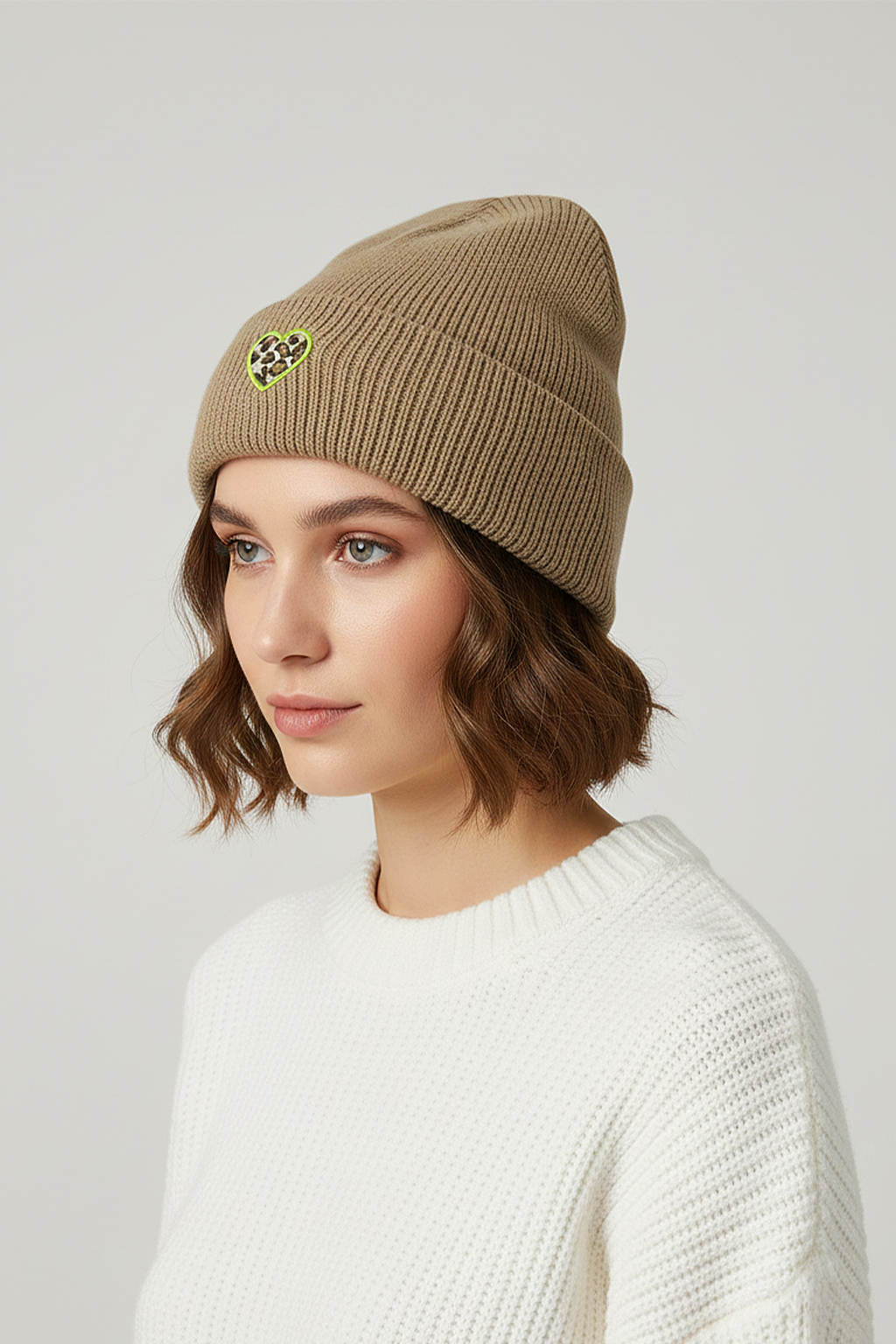 wärmend Strickmütze Umschlag gerippter Look Motiv Patch Herz wärmend Strickmütze Umschlag gerippter Look Motiv Patch Herz