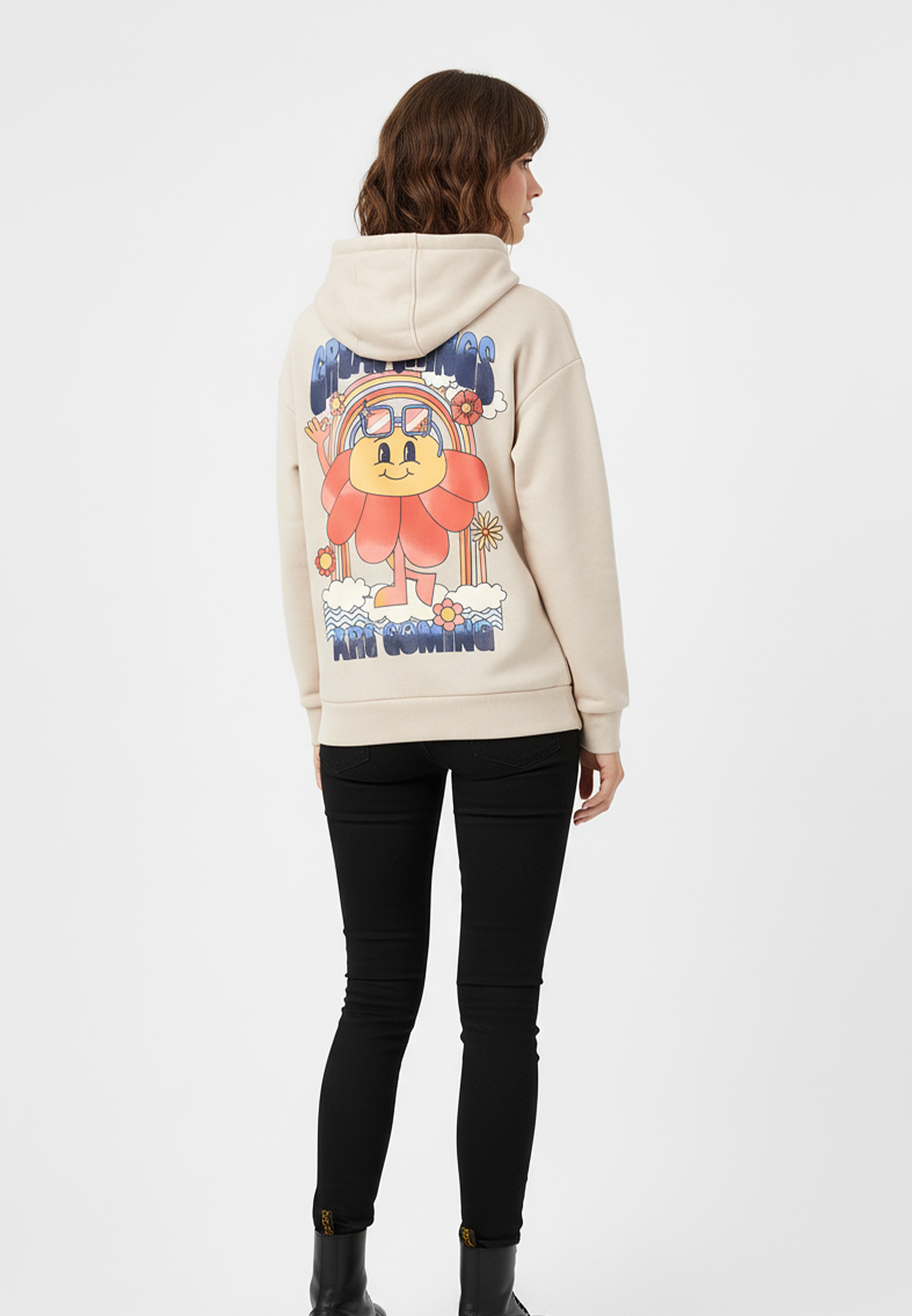 Sublevel Hoodie mit Positive-Print und Kapuze lustiges Design – Beige, Bild 2