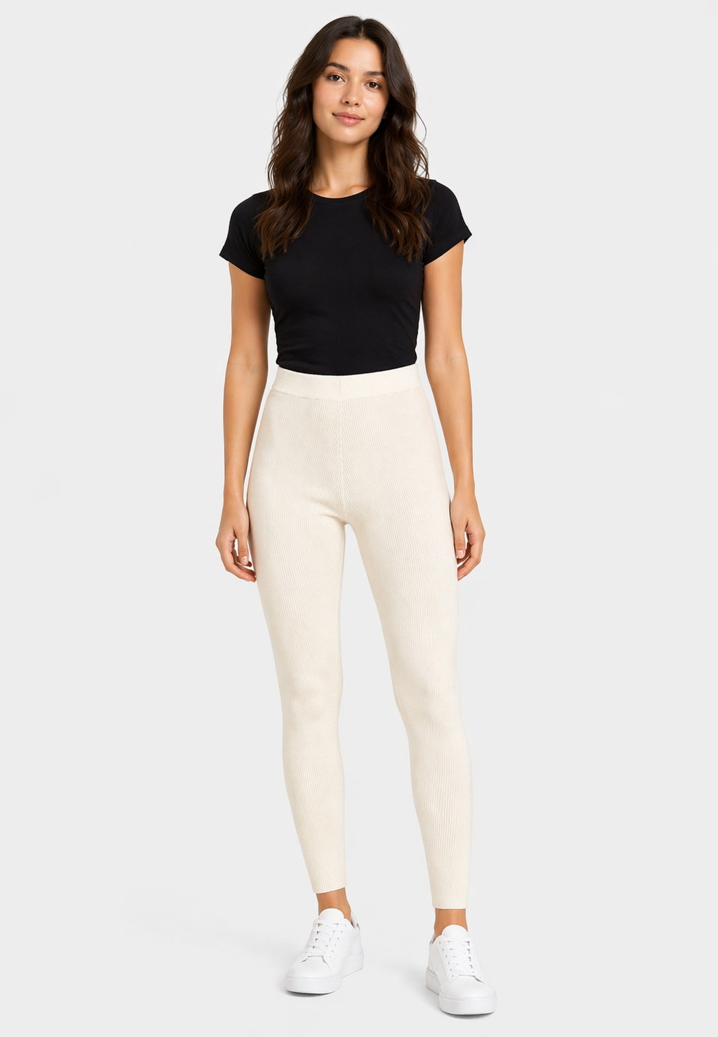 Stitch & Soul Gerippte Leggings Elastischer Bund Unifarben Alltag – Weiß, Bild 2