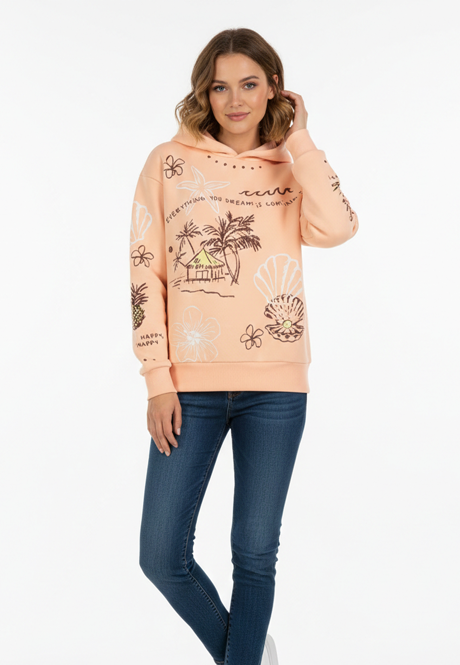 Hoodie Floralen Tropischen Mustern Good Vibes Rippbündchen Hoodie Floralen Tropischen Mustern Good Vibes Rippbündchen