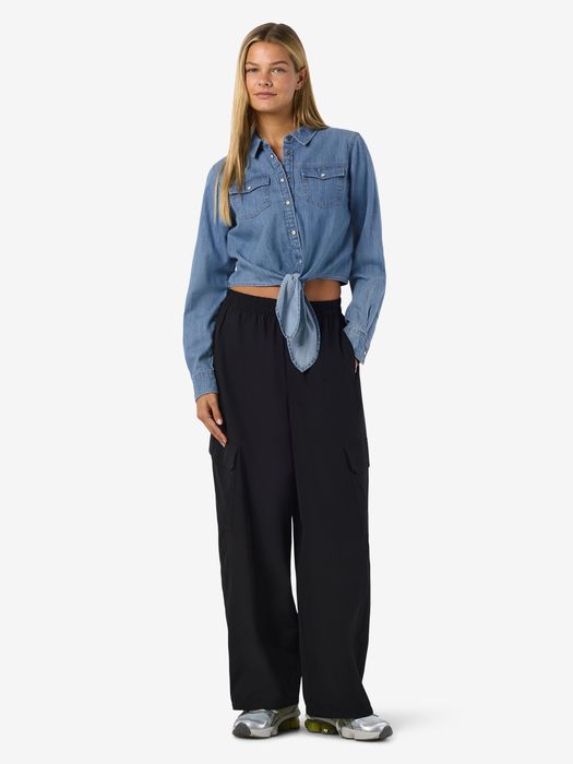 Modische Jeansbluse Unifarben Knopfverschluss Kentkragen, Farbe: Hellblau
