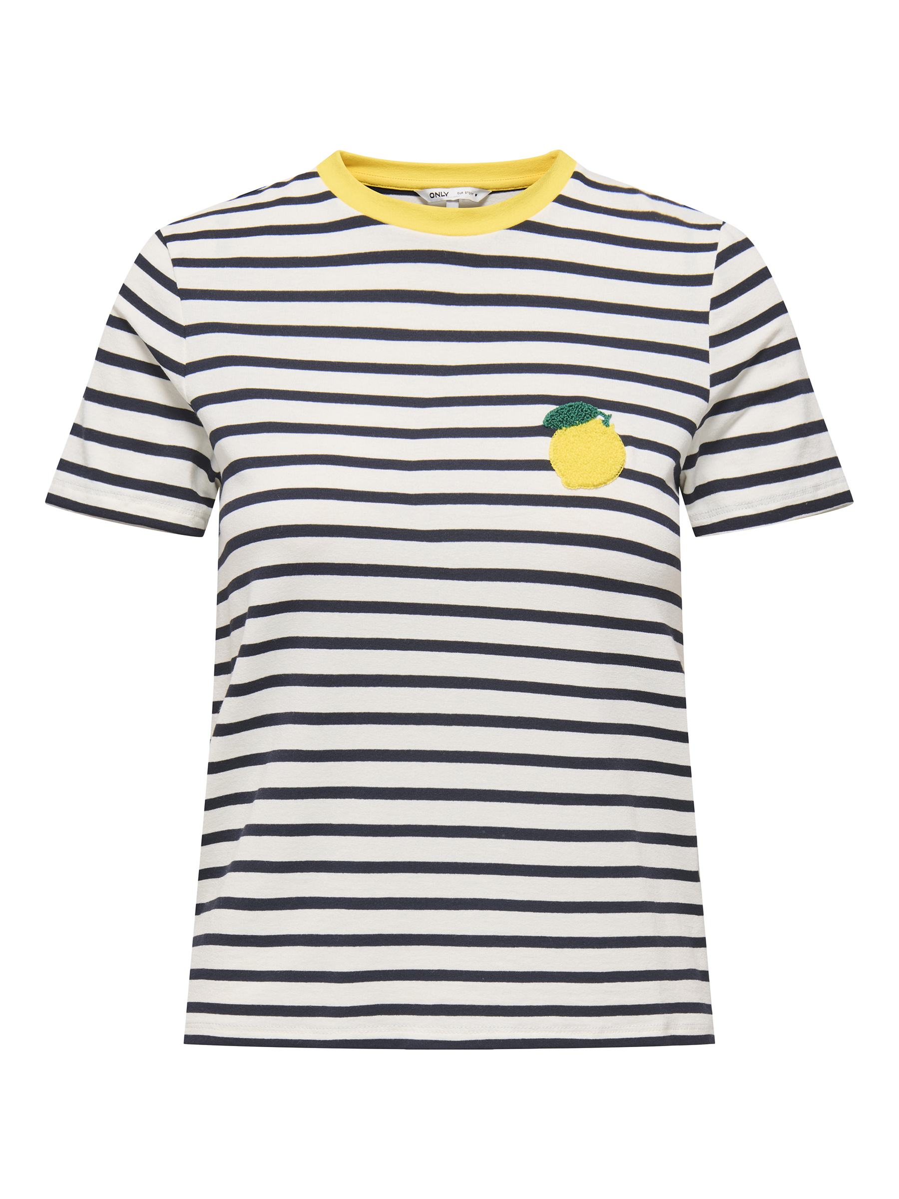 Gestreiftes T-Shirt mit Herzmotiv und Rundhalsausschnitt Gestreiftes T-Shirt mit Herzmotiv und Rundhalsausschnitt