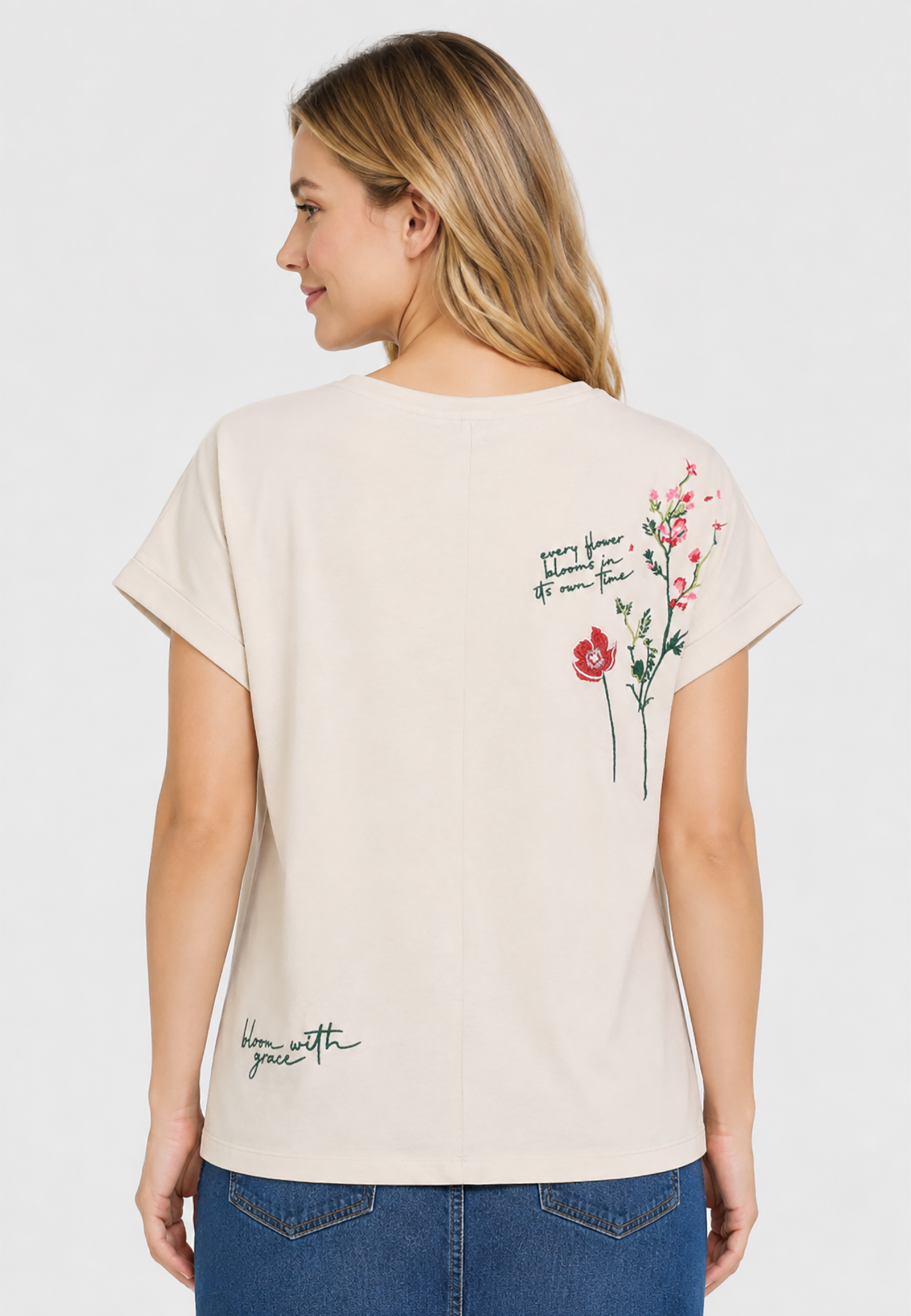 Kurzarm T-Shirt Rundhals Florale Stickerei Blumenmotiv Kurzarm T-Shirt Rundhals Florale Stickerei Blumenmotiv