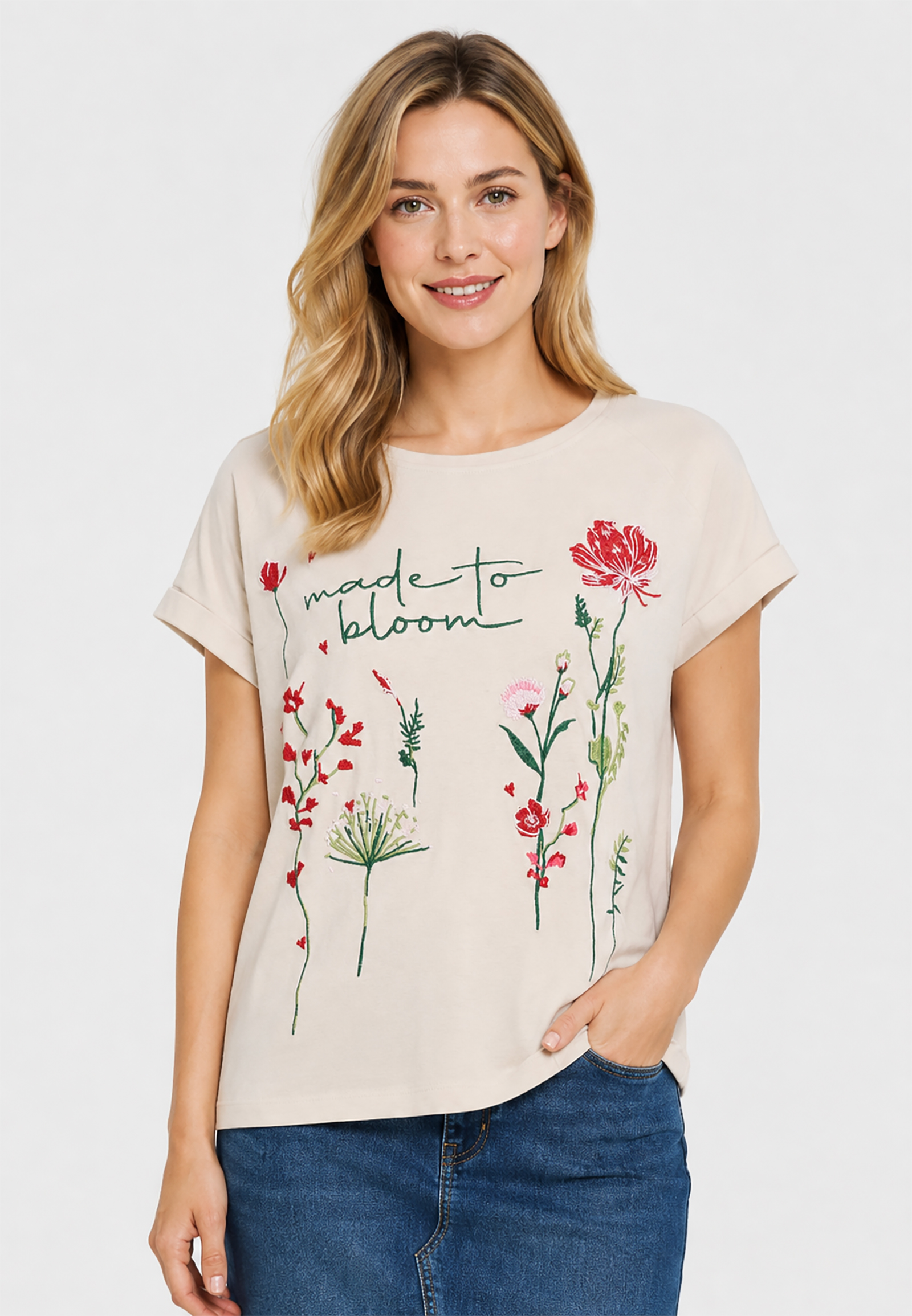 Kurzarm T-Shirt Rundhals Florale Stickerei Blumenmotiv Kurzarm T-Shirt Rundhals Florale Stickerei Blumenmotiv