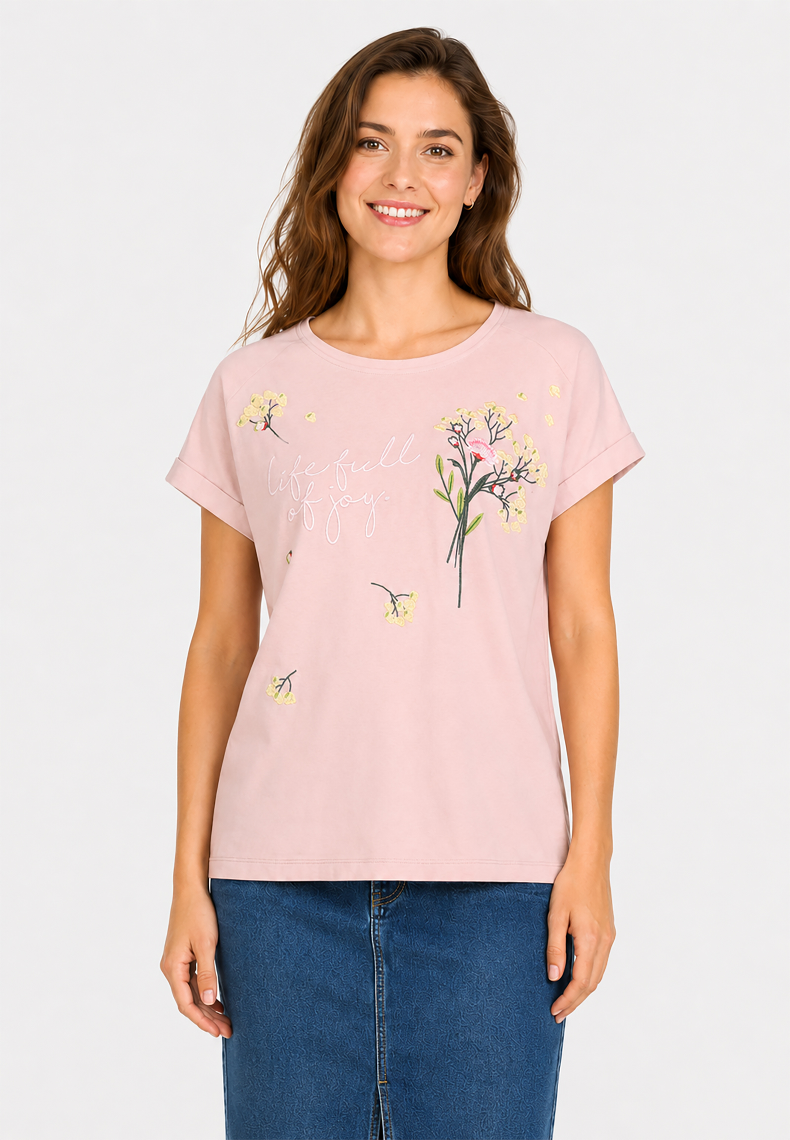 Kurzarm T-Shirt Rundhals Florale Stickerei Blumenmotiv Kurzarm T-Shirt Rundhals Florale Stickerei Blumenmotiv
