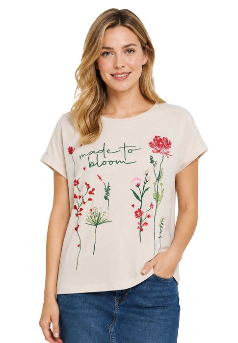 Kurzarm T-Shirt Rundhals Florale Stickerei Blumenmotiv, Farbe: Beige-2