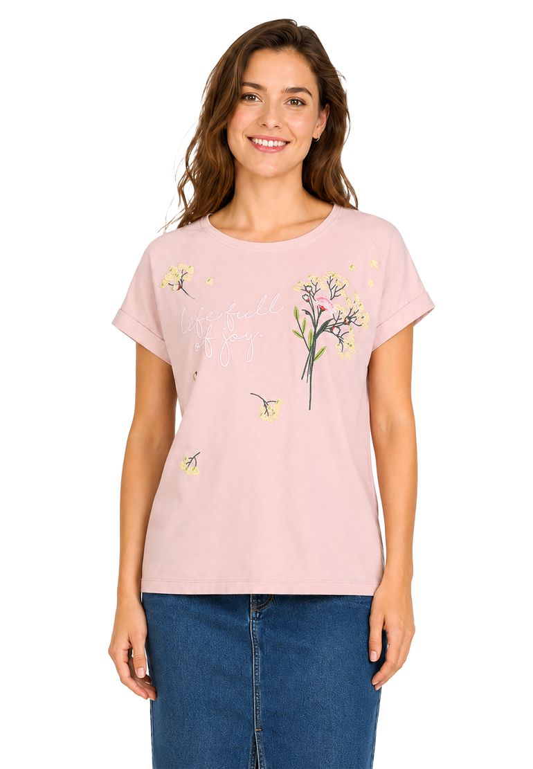 Eight 2 Nine Kurzarm T-Shirt Rundhals Florale Stickerei Blumenmotiv – Rosa, Bild 2