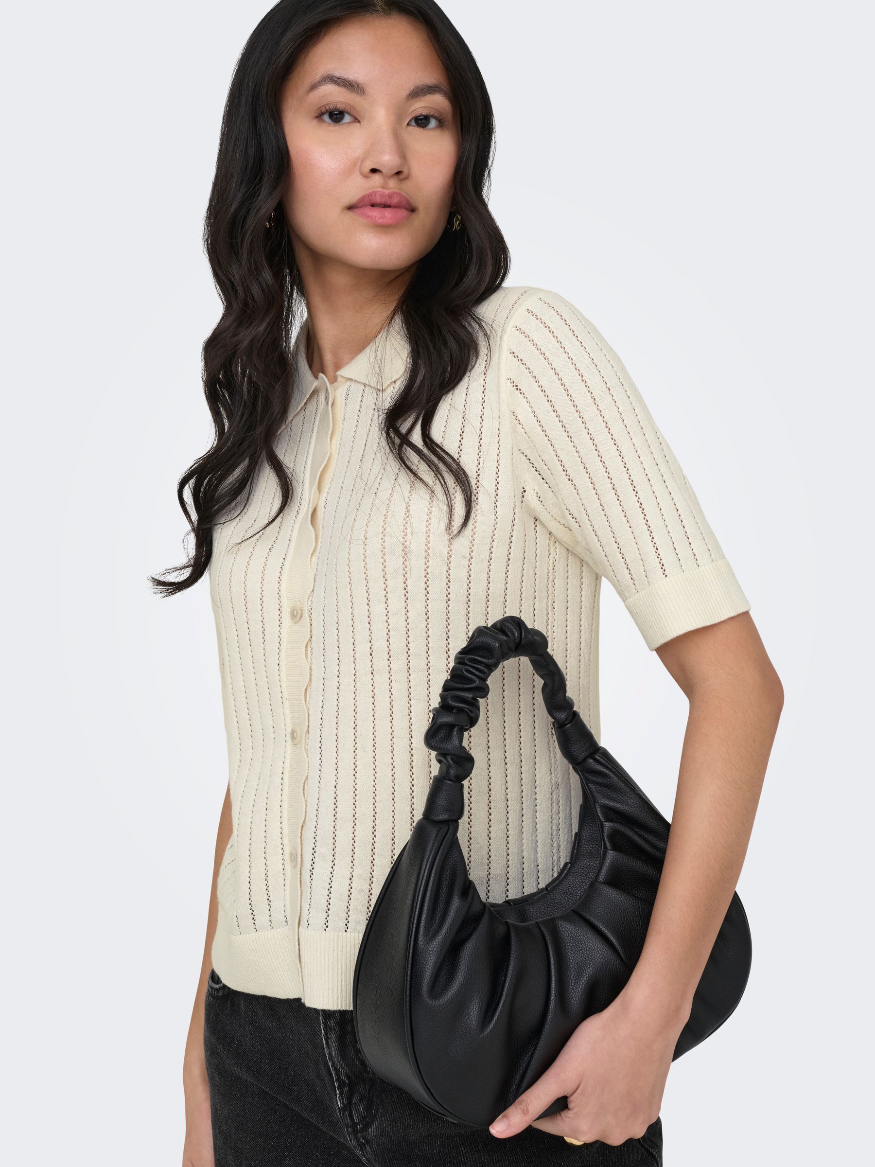 15355373_4842170_4.jpg Kurzarm Cardigan Einfarbig Strickstruktur Polokragen