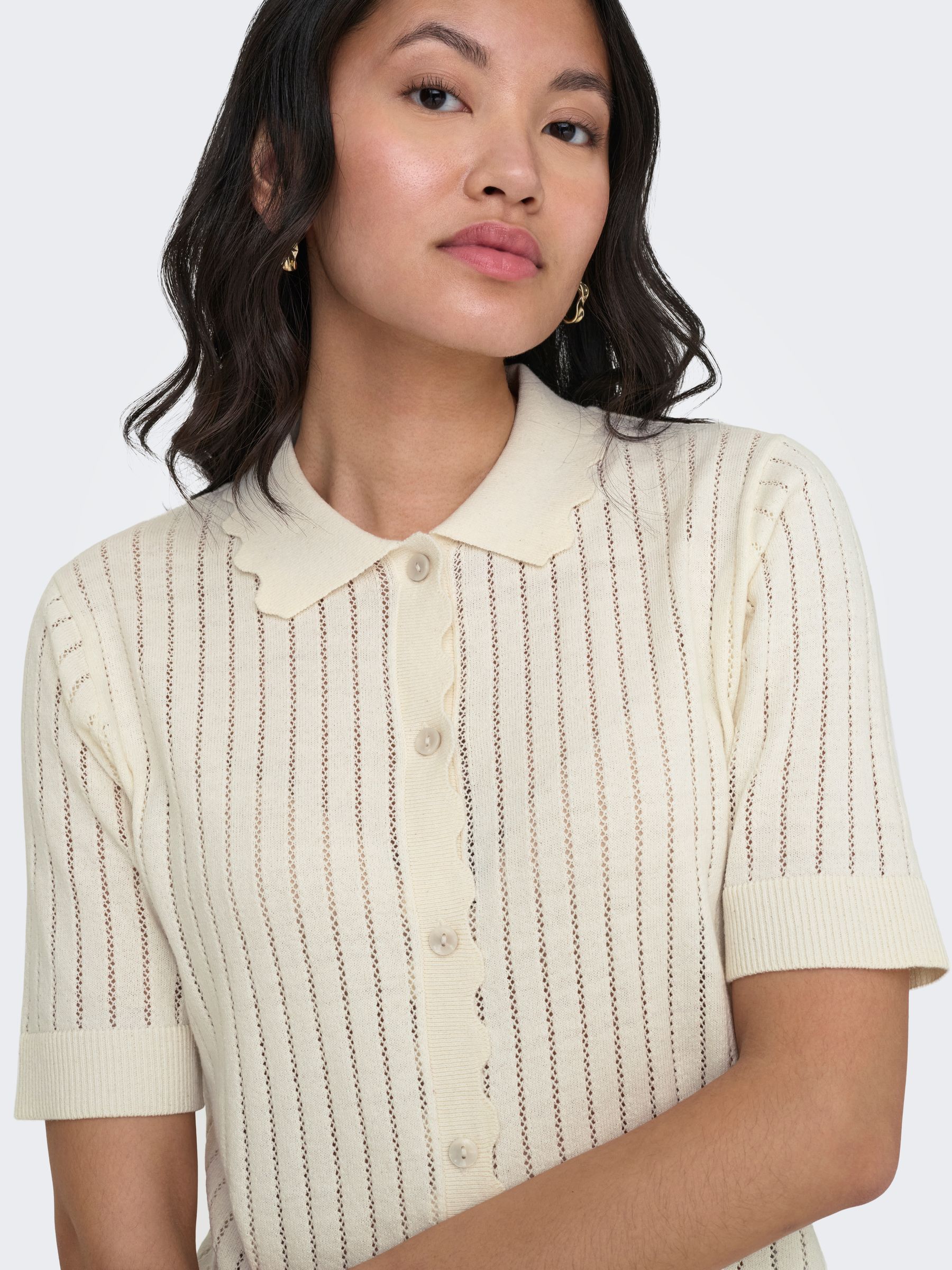 15355373_4842170_5.jpg Kurzarm Cardigan Einfarbig Strickstruktur Polokragen