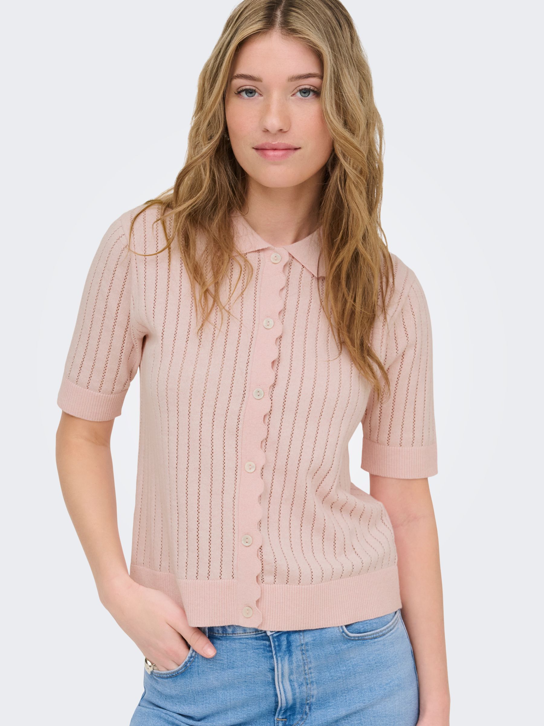 15355373_4842171_4.jpg Kurzarm Cardigan Einfarbig Strickstruktur Polokragen