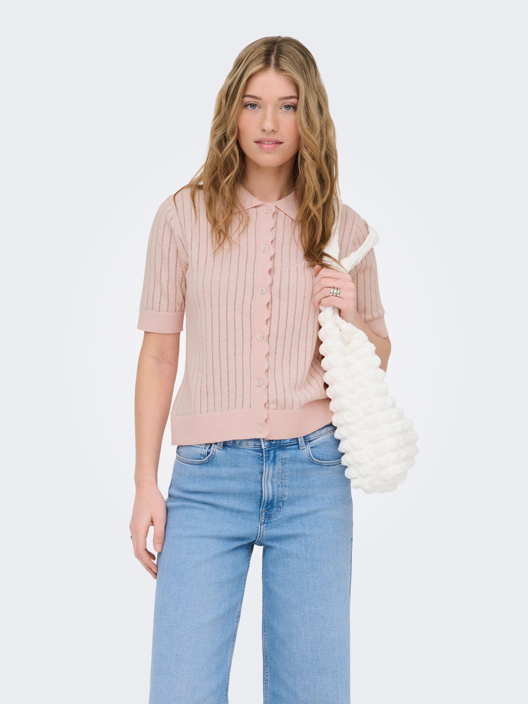 15355373_4842171.jpg Kurzarm Cardigan Einfarbig Strickstruktur Polokragen