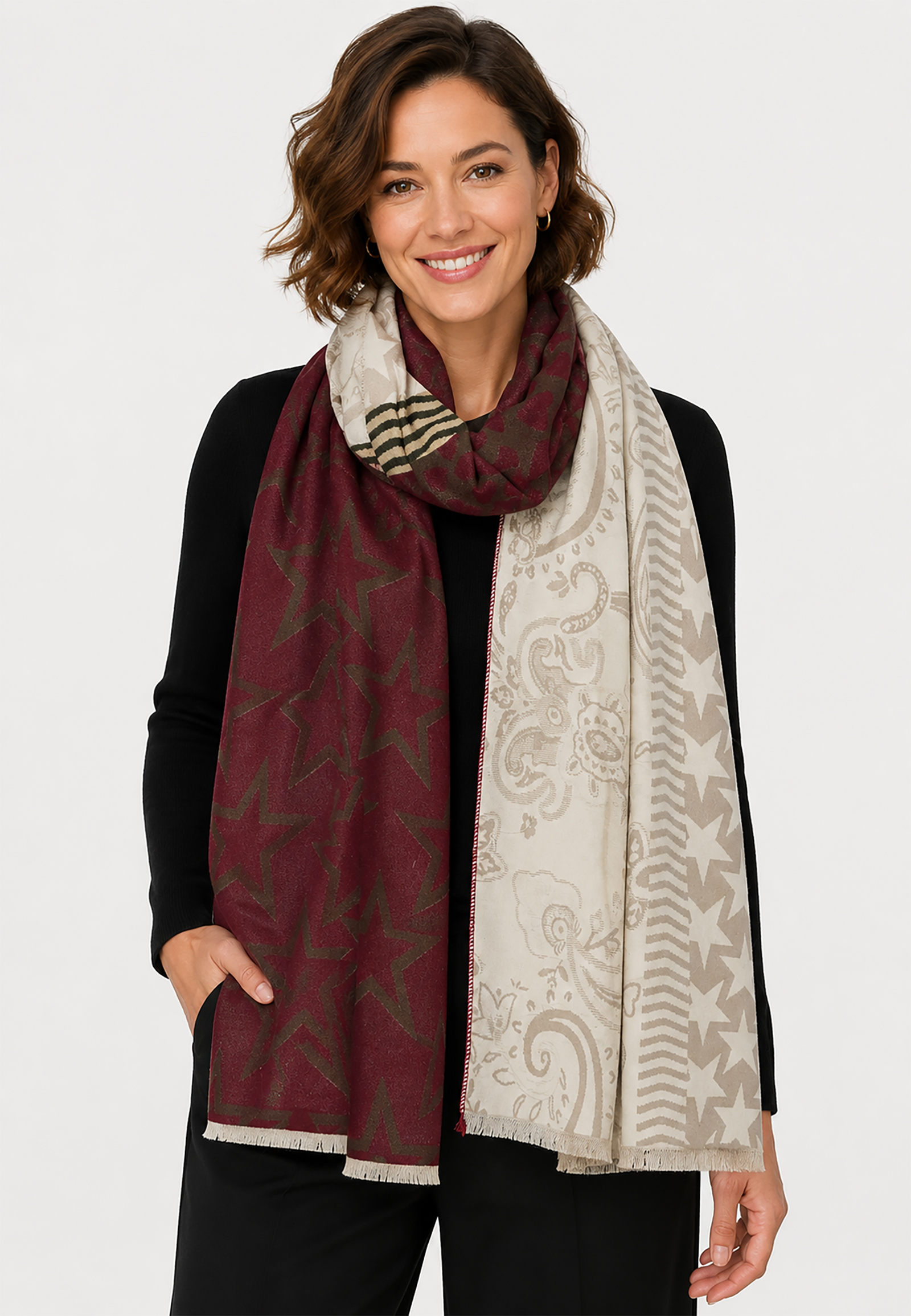 Gemusterter Schal Patchwork Sterne Paisley Fransen Gemusterter Schal Patchwork Sterne Paisley Fransen
