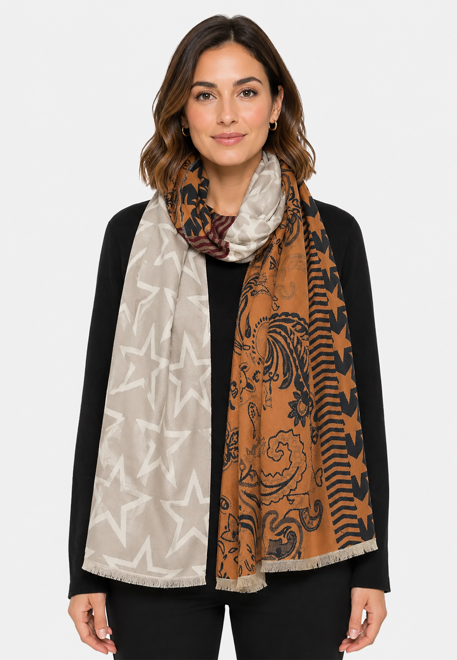 Gemusterter Schal Patchwork Sterne Paisley Fransen Gemusterter Schal Patchwork Sterne Paisley Fransen